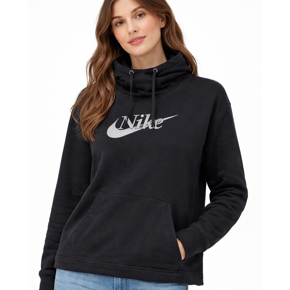 Nike Hoodie Womens S Metallic Silver Swoosh Logo Black Turtleneck Sweatshirt Sm